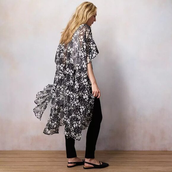 NWT LC LAuren COnrad Black White Floral Open Front Flowy BOho KImono Cardigan OS - Picture 2 of 10